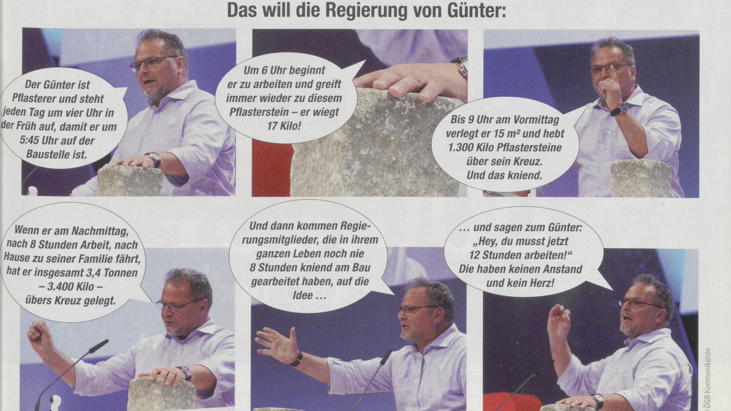 Der Leitende Sekretär des ÖGB, Willi Mernyi demonstrierte beim 19. ÖGB-Bundeskongress die Auswirkungen des 12-Stunden-Tages auf den Pflasterer Günter, hier auch in der ÖGB-Mitgliederzeitschrift „Solidarität” Nr. 978, 2018