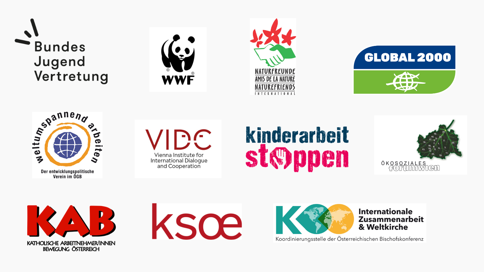 Unterstützende Organisationen: Bundesjugendvertretung, WWF, Naturfreunde, Global 2000, Weltumspannend arbeiten, VIDC, Kinderarbeit stoppen, Ökosoziales Forum Wien, KAB, ksoe, Koordinierungsstelle der österreichischen Bischofskonferenz