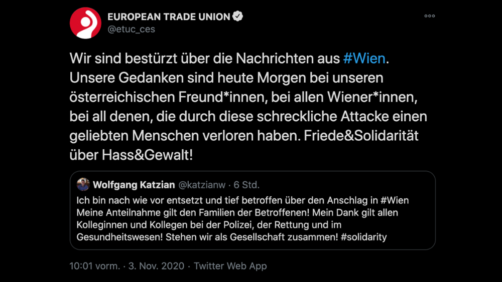 Wien Attentat: „Unser Fundament ist die Solidarität“ Nach Anschlag in Wien: Viel Anteilnahme von internationalen Gewerkschaften