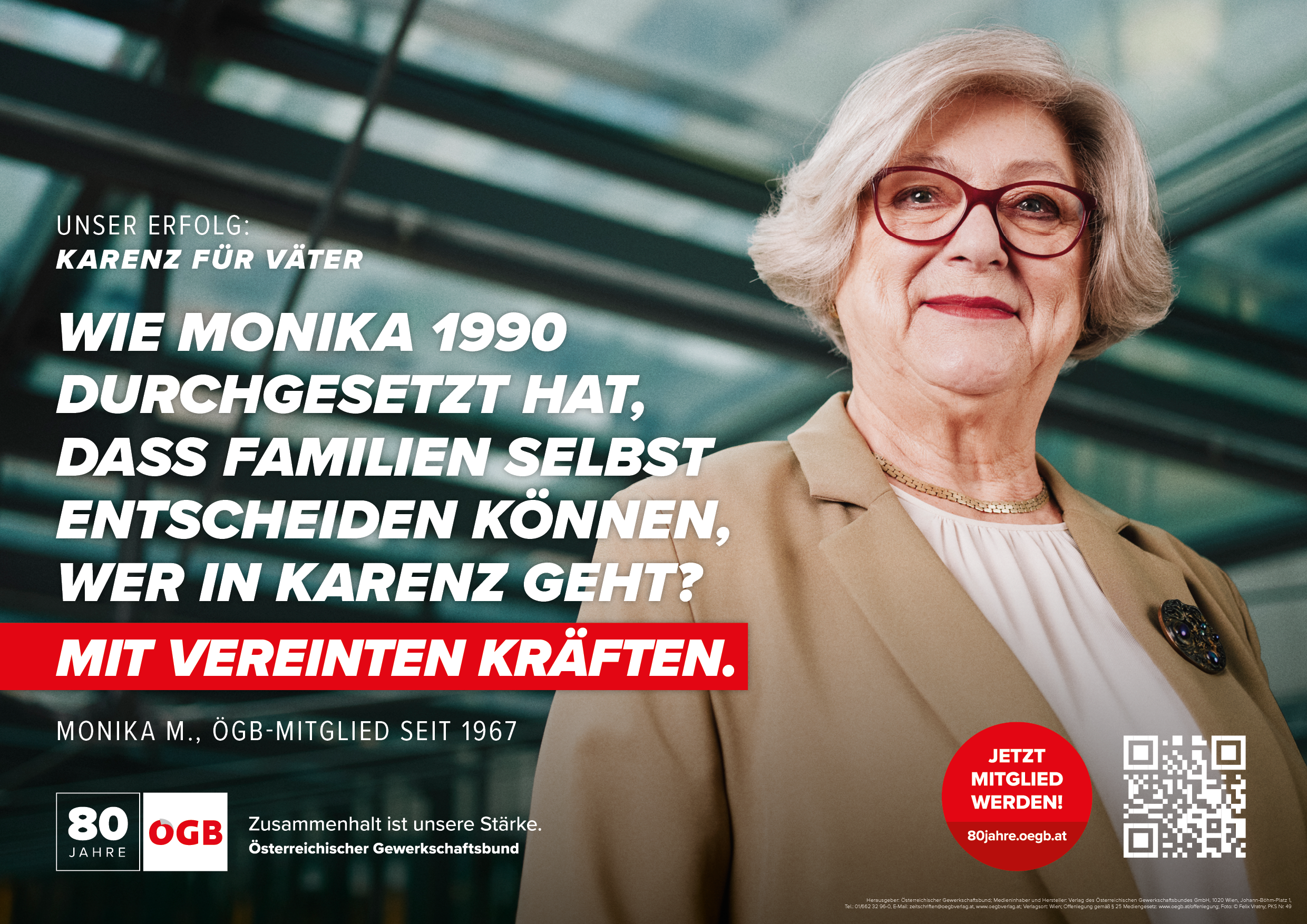 Plakat: Mit vereinten Kräften. Gewerkschaftsmitglied Monika