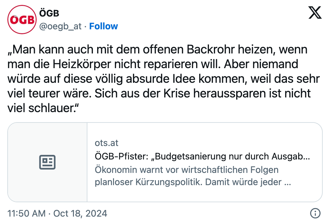 „Man kann auch mit dem offenen Backrohr heizen, wenn man die Heizkörper nicht reparieren will. Aber niemand würde auf diese völlig absurde Idee kommen, weil das sehr viel teurer wäre. Sich aus der Krise heraussparen ist nicht viel schlauer.“