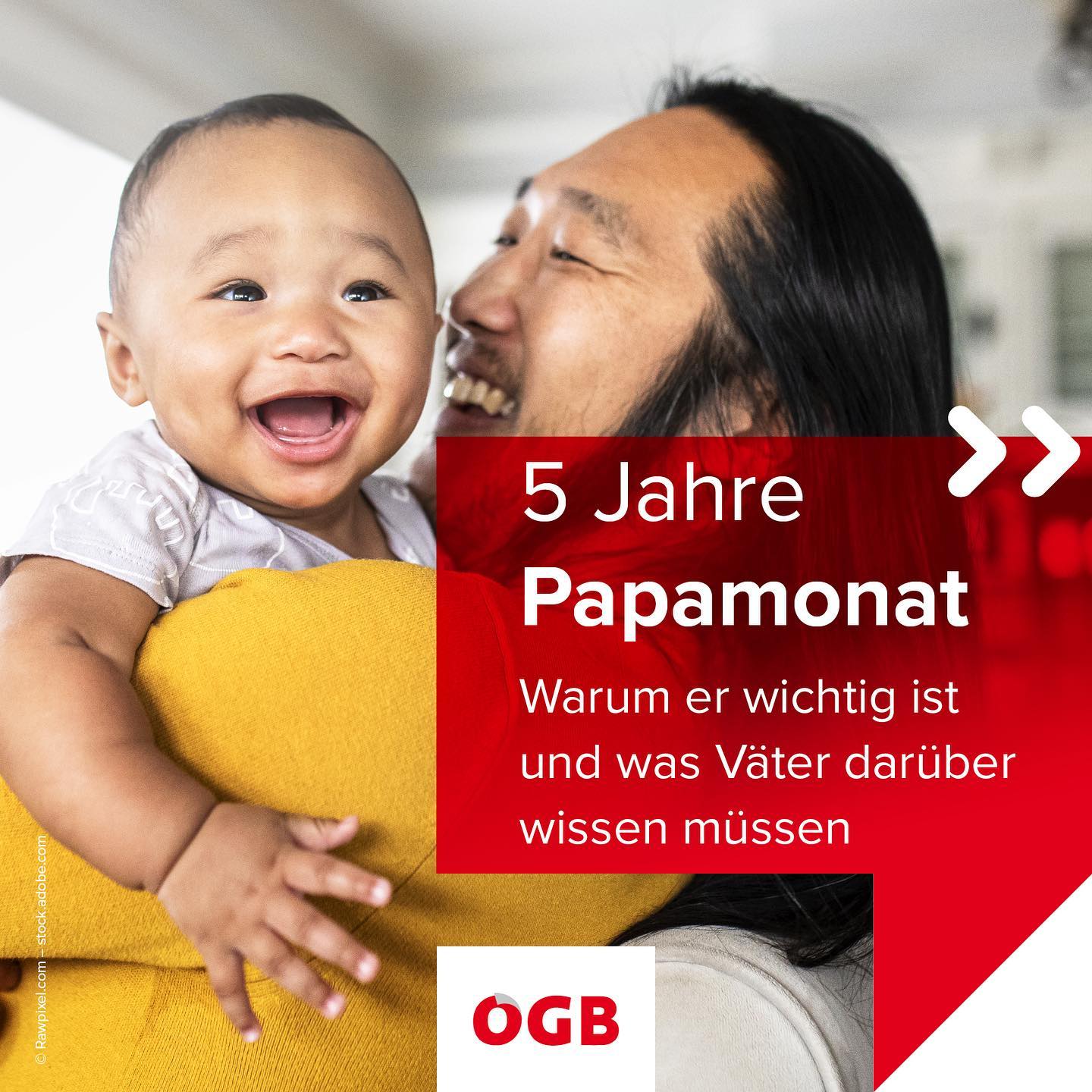 Grafik: "5 Jahre Papamonat" Grafik mit Mann, der lachendes Baby hält und Aufschrift: "5 Jahre Papamonat"