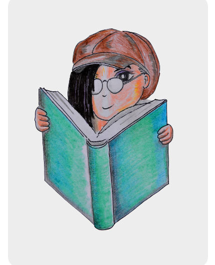 Handgezeichnetes Comic zeigt ein Mädchen mit Kappe und Brille beim lesen eines Buches