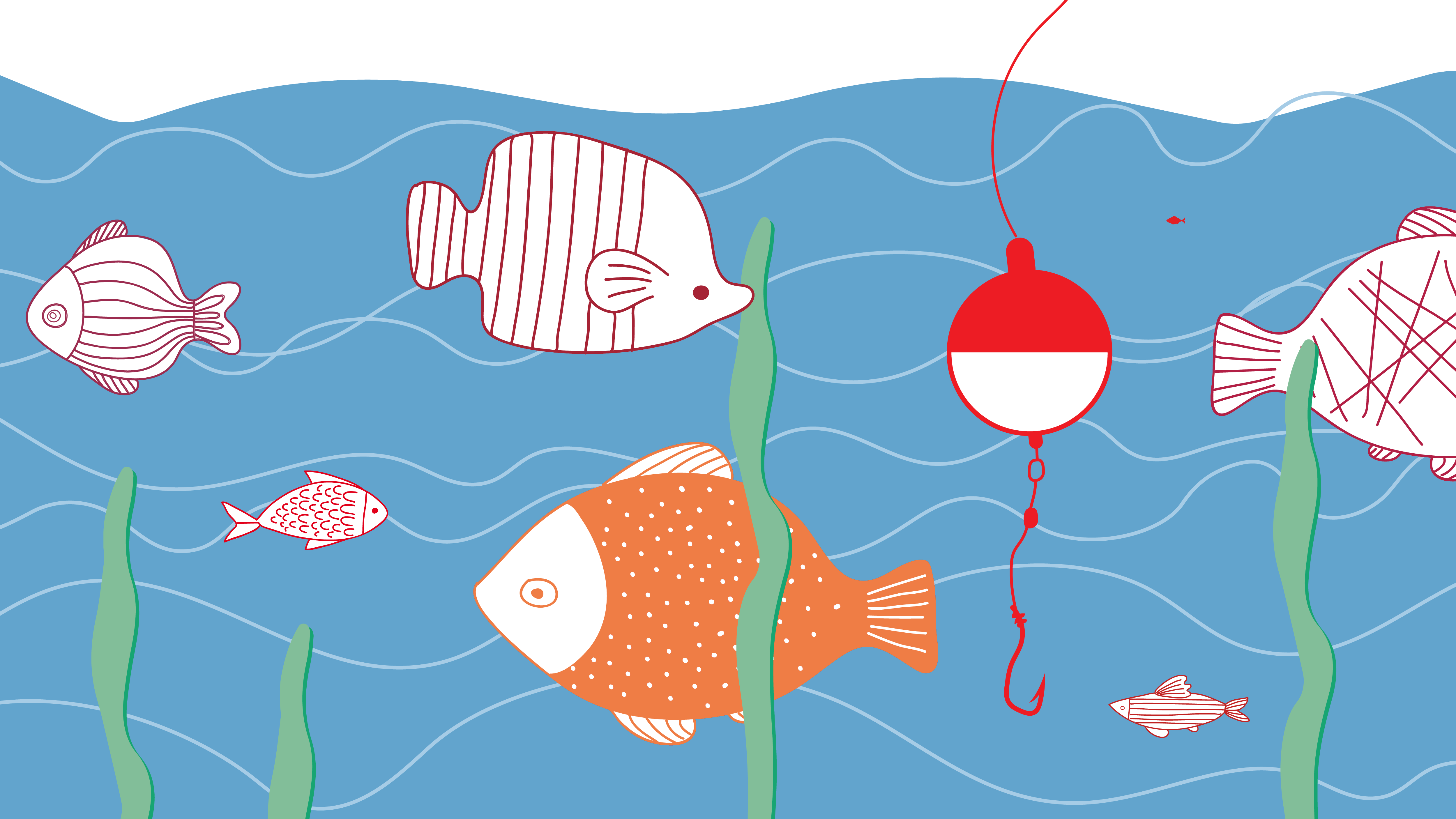Grafik mit vielen Fischen und einer Angel