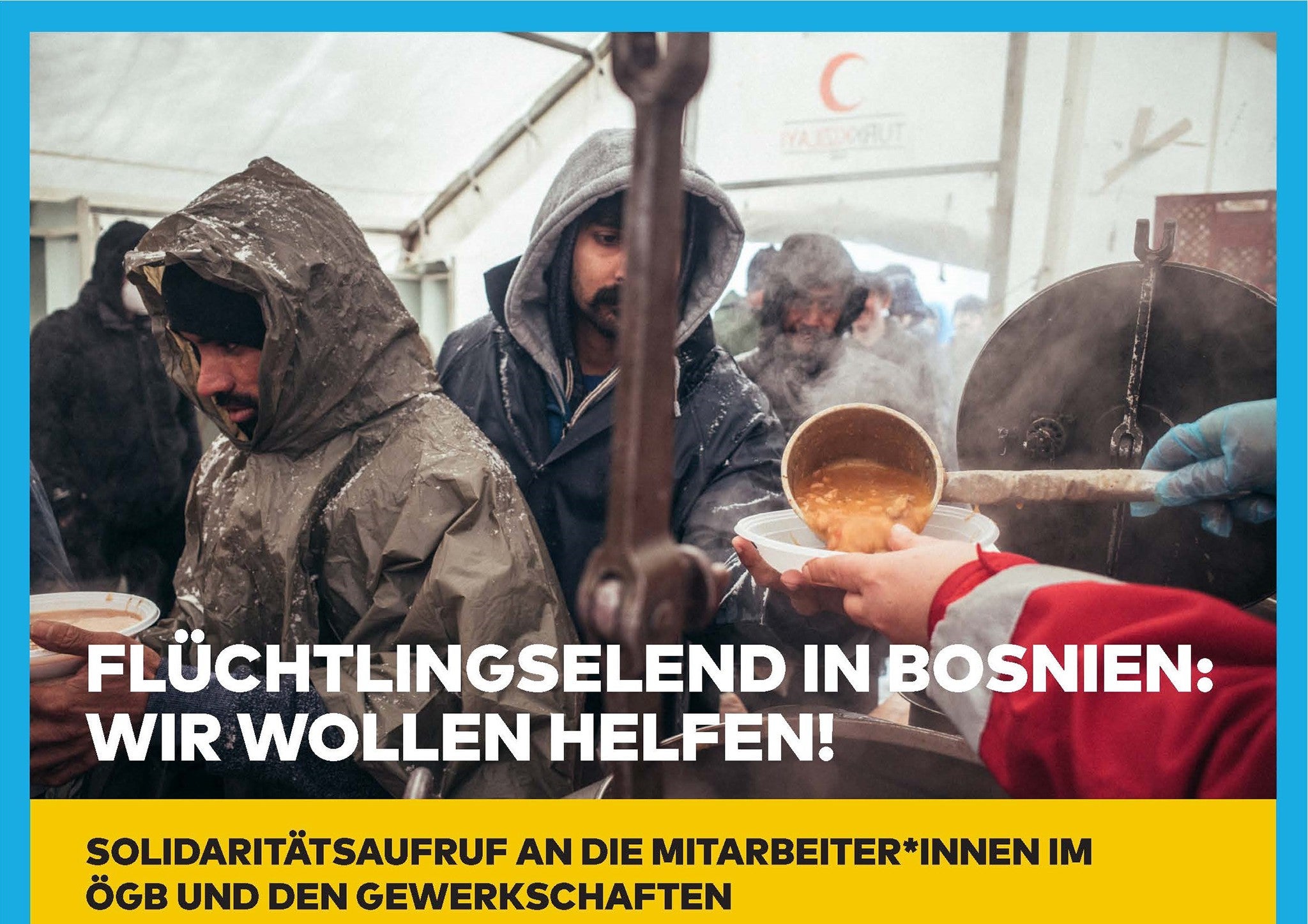 Plakat zum Solidaritätsaufruf für Spenden für Flüchtlinge in Bosnien, 2021 