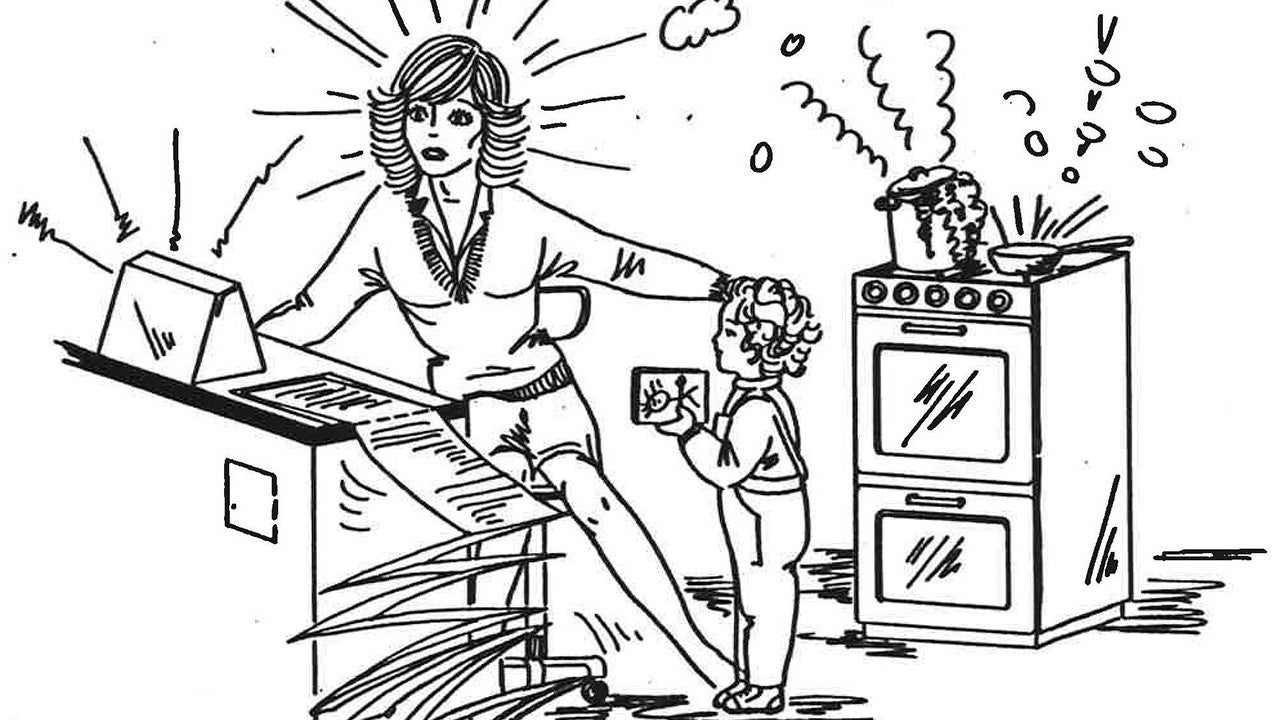 Zeichnung einer Frau beim Multitasking im Homeoffice 