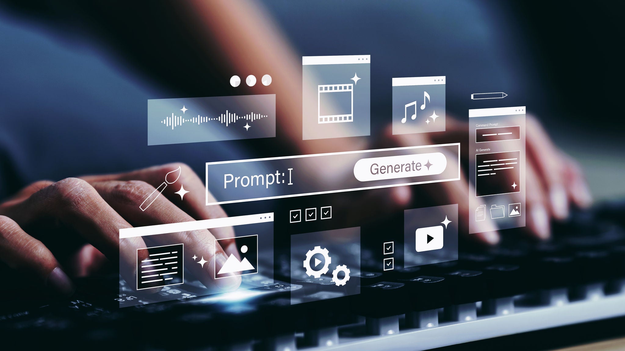 Hände auf einer Tastatur mit eingeblendeten KI-Symbolen und Eingabefeld „Prompt“ auf einem Bildschirm