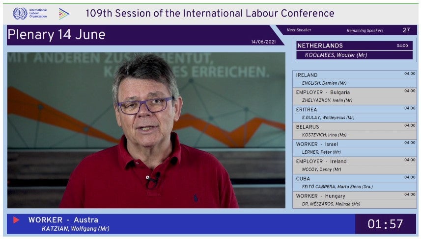 ÖGB-Präsident Katzian während seiner Rede auf der ILO-Konferenz