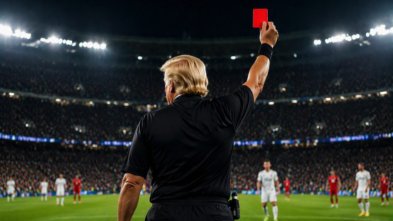Donald Trump in Schiedsrichter-Kleidung in einem vollen Stadion zeigt eine rote Karte.