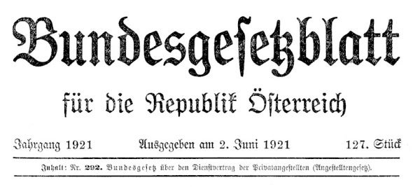 Bundesgesetzblatt des Bundesgesetzes über den Dienstvertrag der Privatangestellten, kurz Angestelltengesetz 1921 