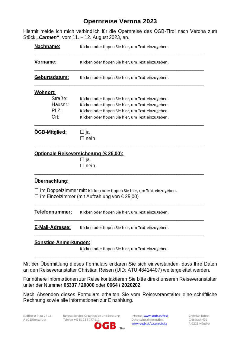 Anmeldeformular Opernreise