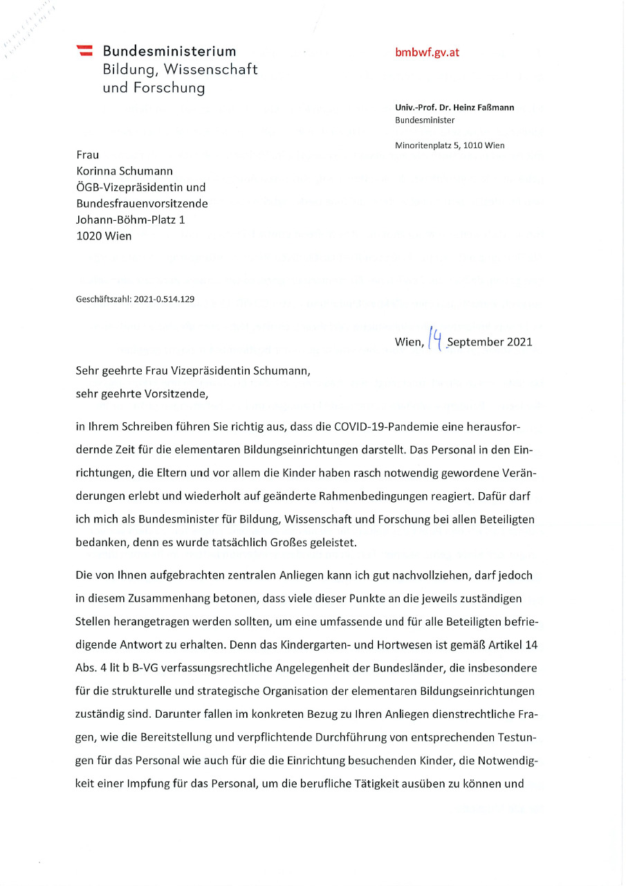 Brief des Bildungsministers Faßmann