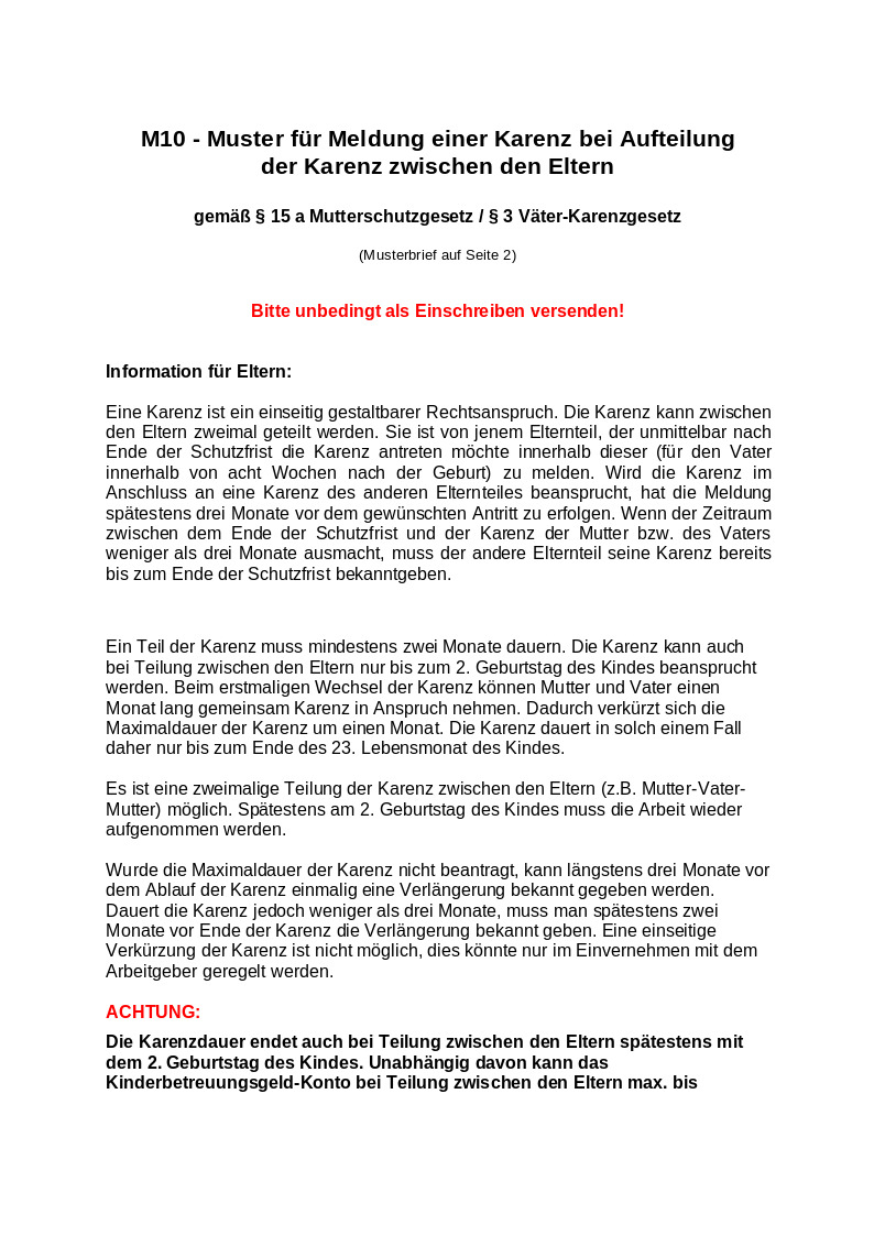 M10 - Muster für Meldung einer Karenz bei Aufteilung der Karenz zwischen den Eltern