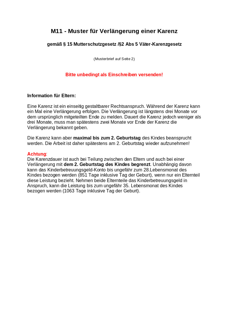 M11 - Muster für Verlängerung einer Karenz