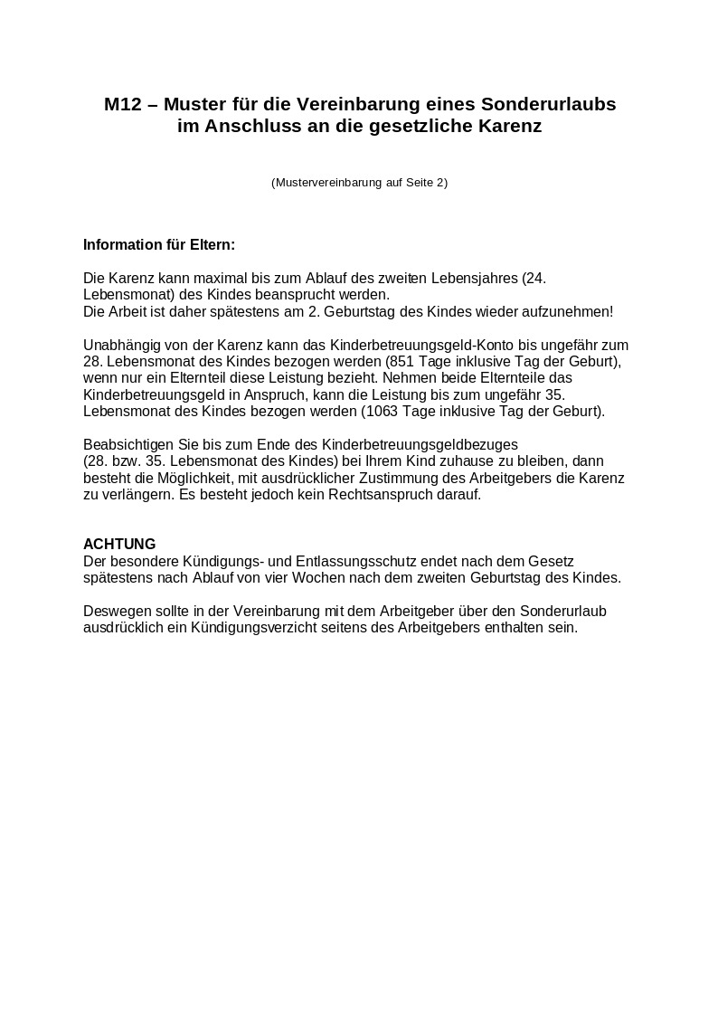 M12 – Muster für die Vereinbarung eines Sonderurlaubs im Anschluss an die Karenz