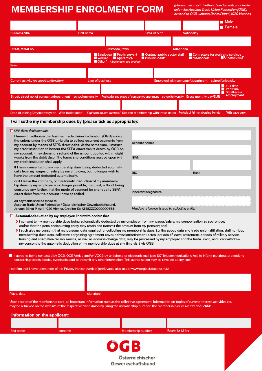 Membership enrollment form  - Mitgliedschaftsanmeldung in englischer Sprache 