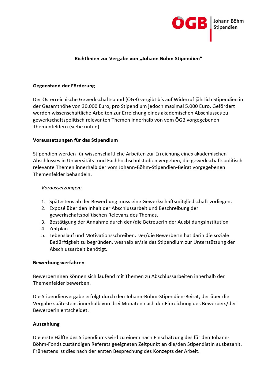 Anforderungen für "Johann Böhm Stipendien"