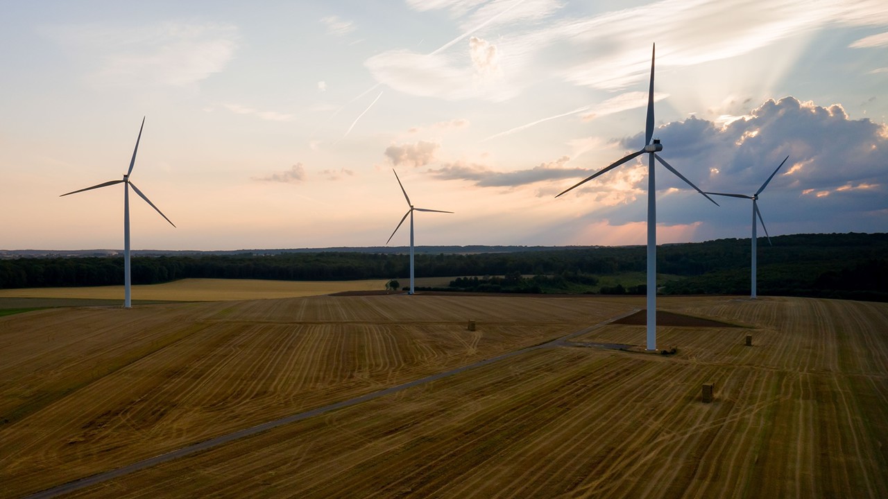 Aerial view of wind turbines in Ottange, Northeastern France