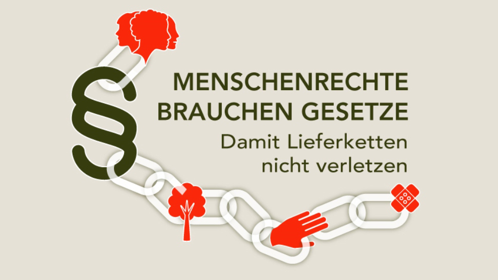 Grafik mit dem Text "Menschenrechte brauchen Gesetze - damit Lieferketten nicht verletzen"