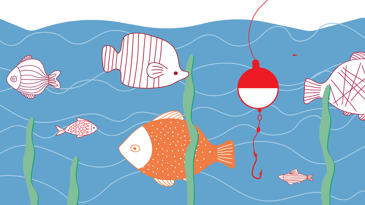 Grafik mit vielen Fischen und einer Angel
