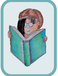 Handgezeichnetes Comic zeigt ein Mädchen mit Kappe und Brille beim lesen eines Buches