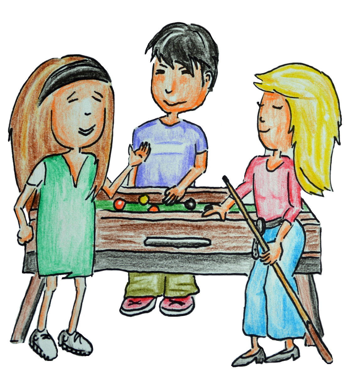 Handgezeichnetes Comic mit zwei Mädchen und einem Burschen mit Billardtisch