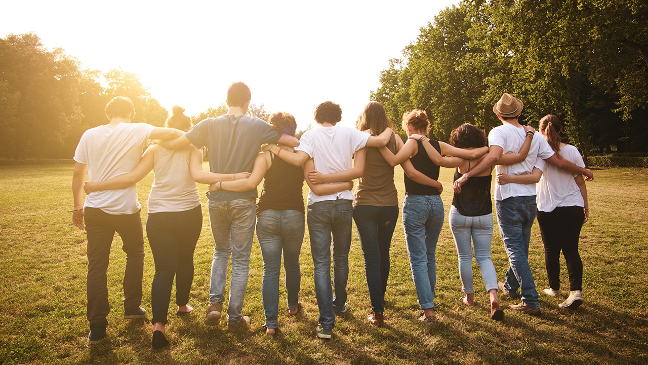 eine Gruppe geht gemeinsam Arm in Arm in einem Park Richtung Sonne.