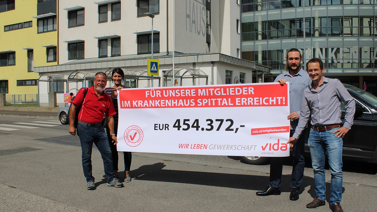 Hermann Lipitsch (vida Landesvorsitzender), Gewerkschaftsjuristin Anna Michorl, BR-Vorsitzender Dr. Maximilian Miksch und Betriebsrat René Tischler