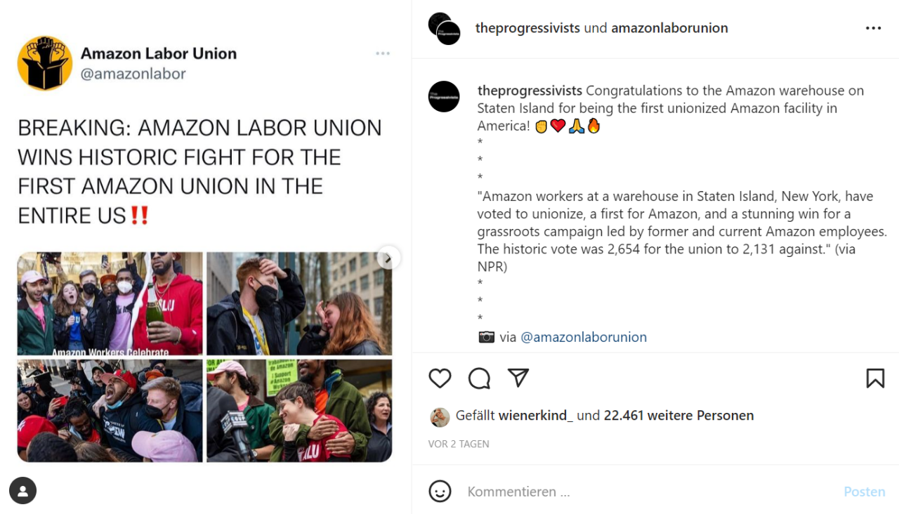 Instagram Posting von Amazon Labour Union