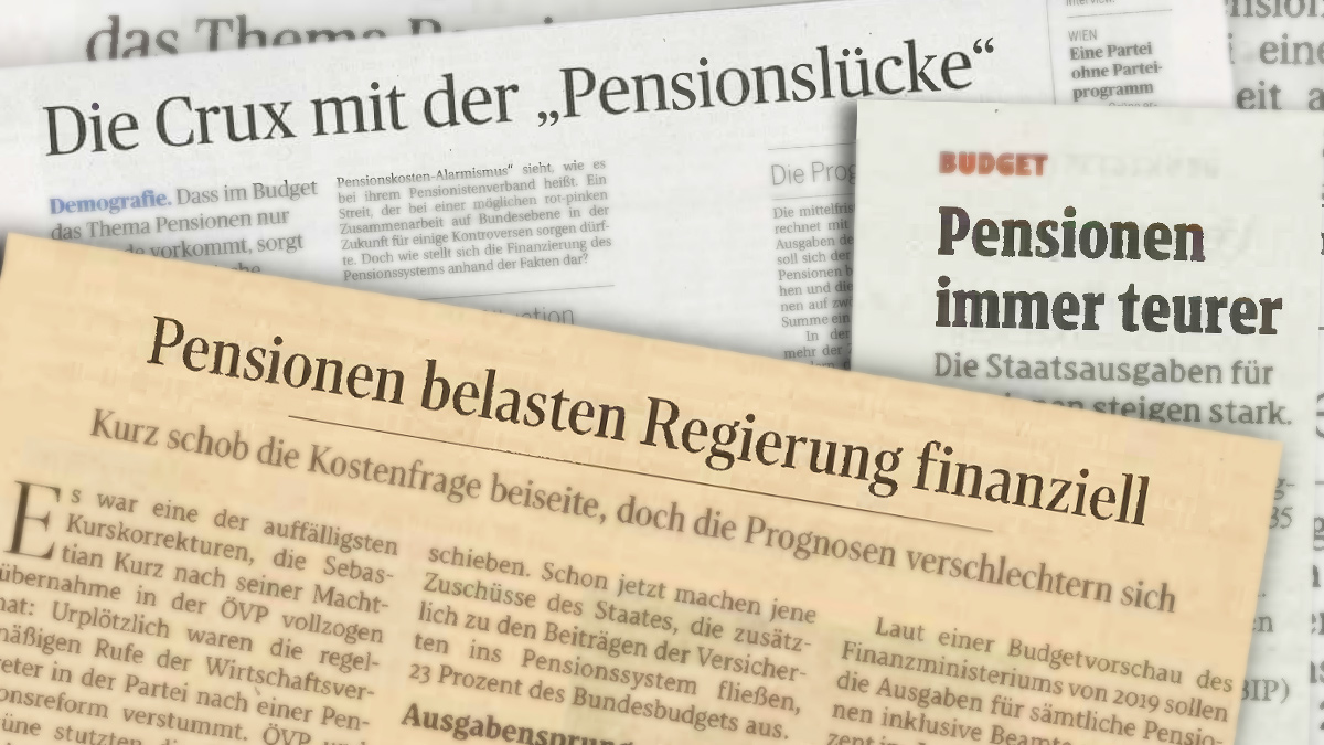 Collage mehrerer Artikel zum Thema Pensionen, aus den Tageszeitungen "der Standard", "die Presse" und "Kleine Zeitung"